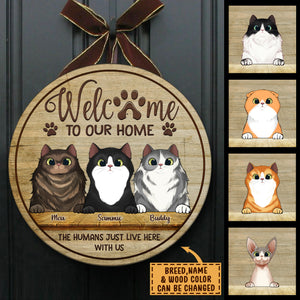 Welcome To Our Home Peeking Cats - Funny Personalized Cat Door Sign.