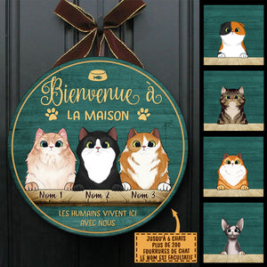 Bienvenue À La Maison - Plaque De Porte Humoristique De Chien À Personnaliser, Funny Personalized Cat Door Sign French.