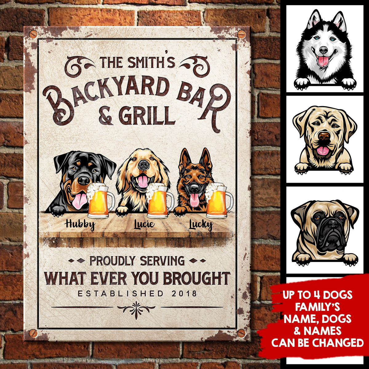 Backyard Bar & Grill - Funny Personalized Dog Metal Sign.