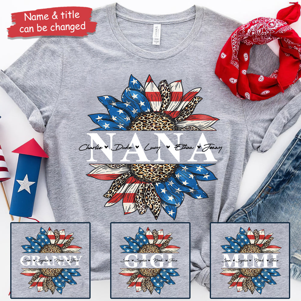 Patriotic Leopard Sunflower Nana  - Gift For 4th Of July - Personalized Unisex T-Shirt.
