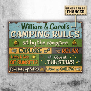 Sit By The Campfire Explore & Relax - Camping Rules - Personalized Metal Sign.