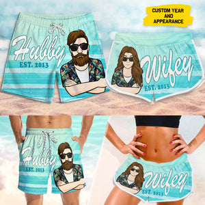 Hubby And Wifey - Personalized Couple Beach Shorts - Gift For Couples, Husband Wife