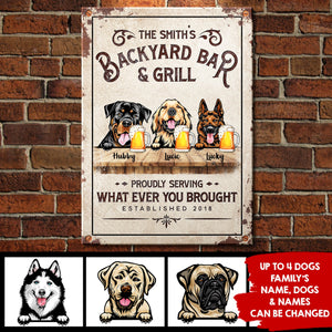 Backyard Bar & Grill - Funny Personalized Dog Metal Sign.