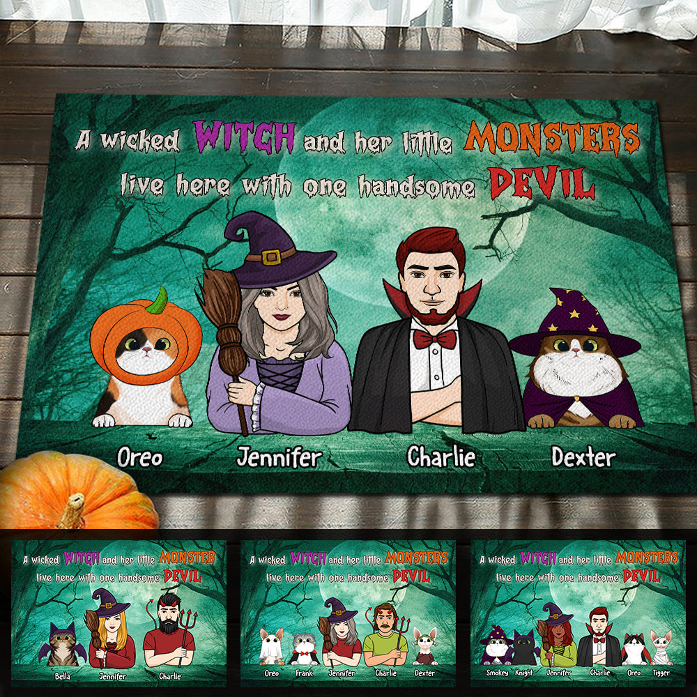 A Wicked Witch And Her Little Monsters Live Here With One Handsome Devil  - Personalized Decorative Mat, Halloween Ideas..