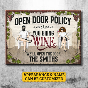Open Door Policy You Bring Wine - Personalized Metal Sign - Gift For Couples, Husband Wife