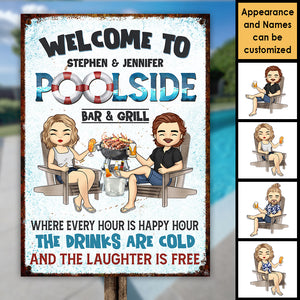 Welcome To Poolside Bar & Grill - Personalized Metal Sign - Gift For Couples, Husband Wife