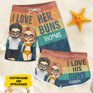 Love Her Buns His Guns - Personalized Couple Beach Shorts - Gift For Couples, Husband Wife