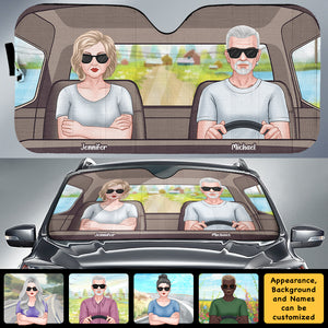 Husband Wife Driving On Road - Personalized Auto Sunshade - Gift For Couples, Husband Wife