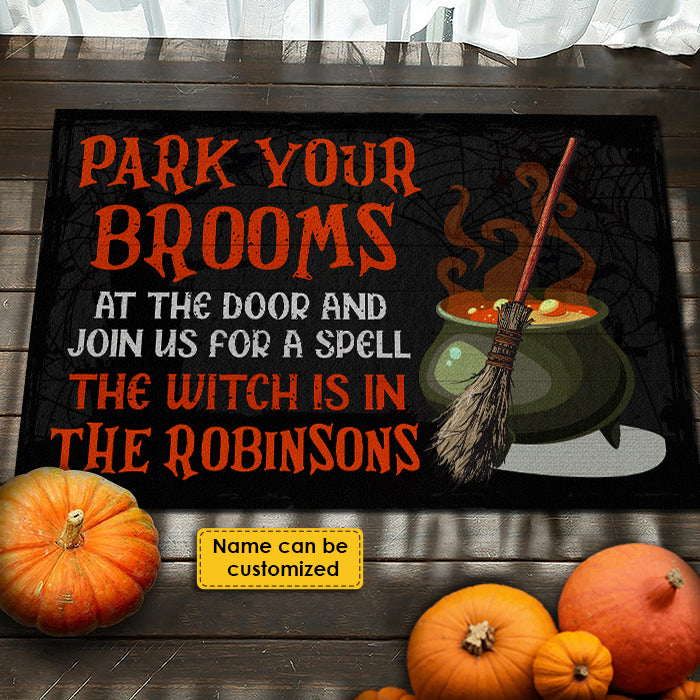 Park Your Brooms And Join Us For A Spell - Personalized Decorative Mat, Halloween Ideas..