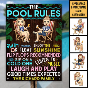 Pool Rules Good Times Expected - Personalized Metal Sign - Gift For Couples, Husband Wife