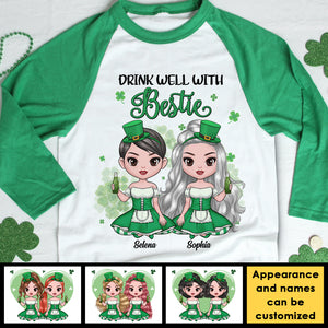Drink Well With Bestie - Gift For Besties, Personalized St. Patrick's Day Unisex Raglan Shirt.