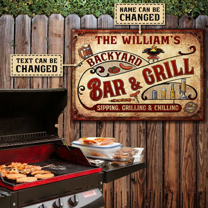 Sipping, Grilling And Chilling - Personalized Metal Sign.