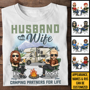 Husband & Wife, Camping Partners For Life - Personalized Unisex T-shirt, Hoodie, Sweatshirt - Gift For Couple, Husband Wife, Anniversary, Engagement, Wedding, Marriage, Camping Gift