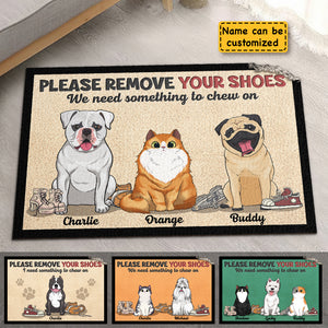 Please Remove Your Shoes, We Need Something To Chew On - Personalized Shaped Decorative Mat - Gift For Pet Lovers, Pet Owners, Pet Gift
