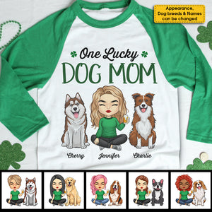 One Lucky Dog Mom, Girl Sitting - Personalized St. Patrick's Day Unisex Raglan Shirt.