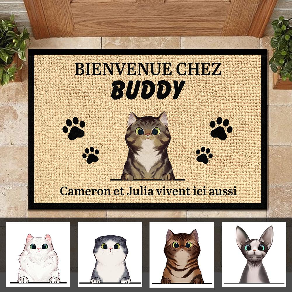 Bienvenue personnalisée à la Maison du Chat French- Funny Personalized Cat Decorative Mat (WT).