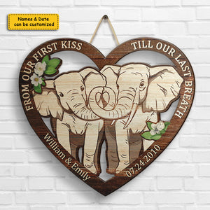 Elephant Couple From Our First Kiss - Personalized Shaped Wood Sign - Gift For Couples, Husband Wife