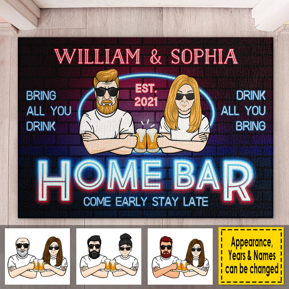 Home Bar Come Early Stay Late - Gift For Couples, Husband Wife, Personalized Decorative Mat.