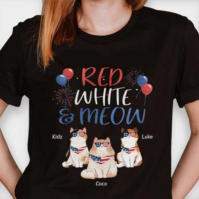 Red White & Meow - Gift For 4th Of July - Personalized Unisex T-Shirt.