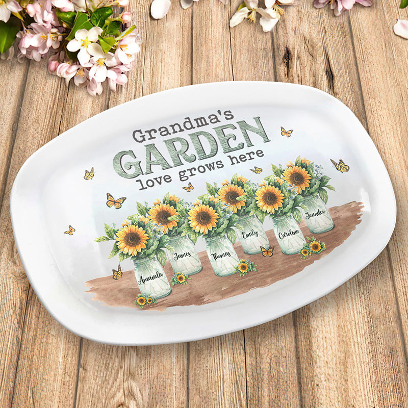 Grandma's Garden Love Grows Here - Family Personalized Custom Platter - Mother's Day, Birthday Gift For Grandma